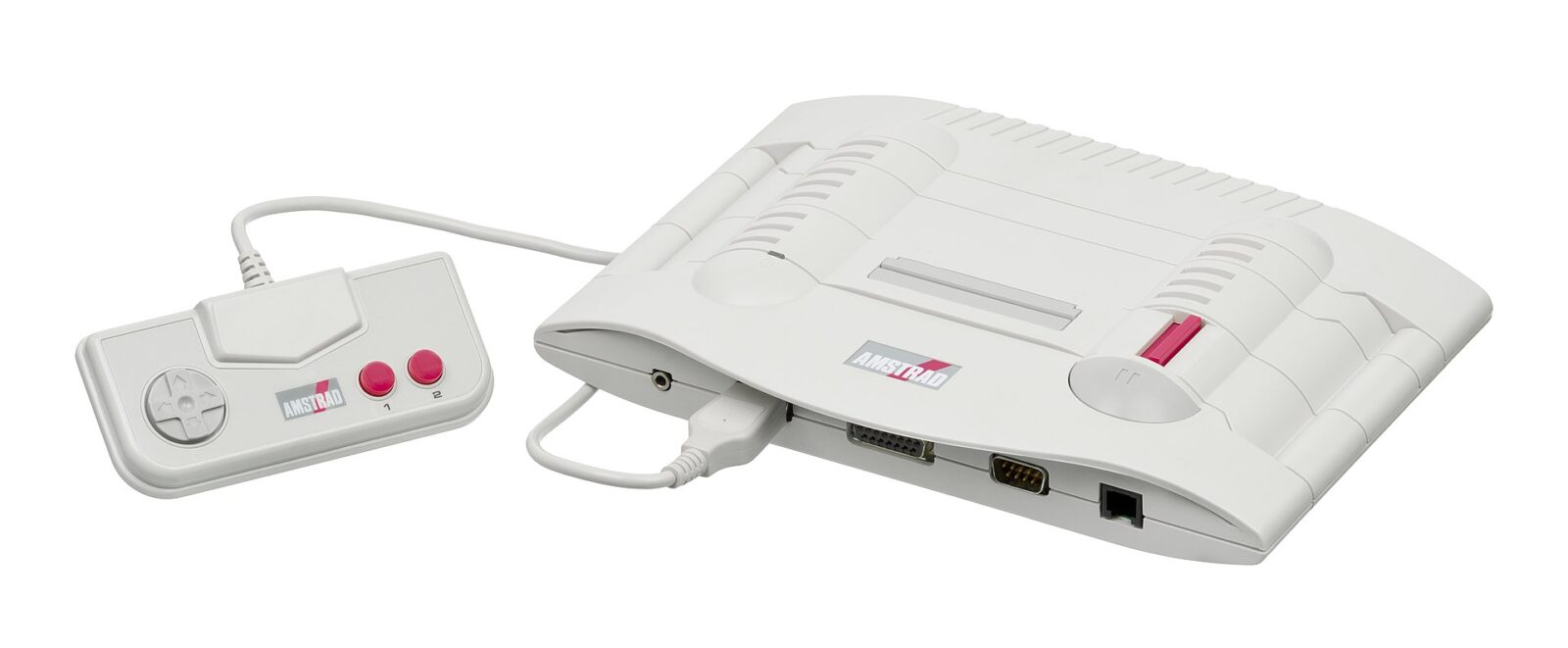 The image shows the Amstrad GX4000, a video game console released by Amstrad. It includes the console itself, which is a compact, off-white unit with a red power button, and a matching controller with a directional pad and two red action buttons. The design is characteristic of early 90s gaming hardware.